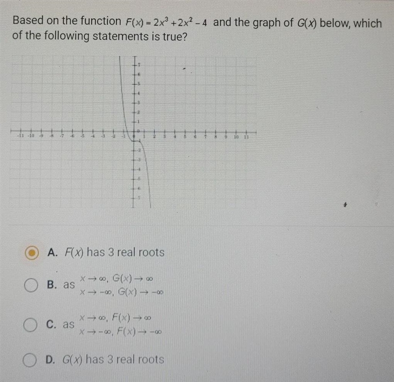 Based on the function F(x) = 2x° +2x² - 4 and the graph of G(x) below, which of the-example-1