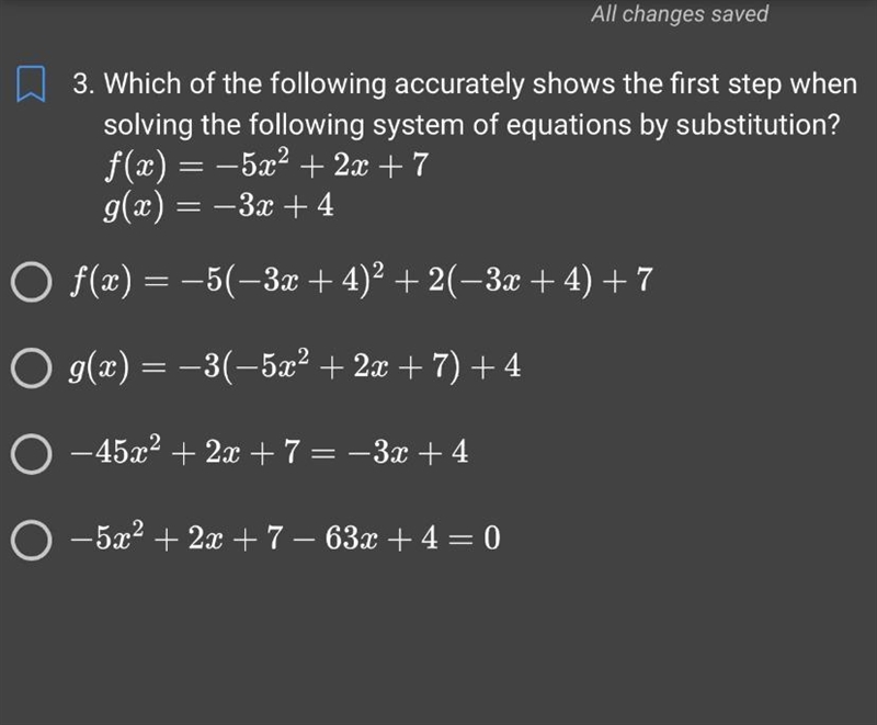 Which of the following accurately shows the first step whensolving the following system-example-1