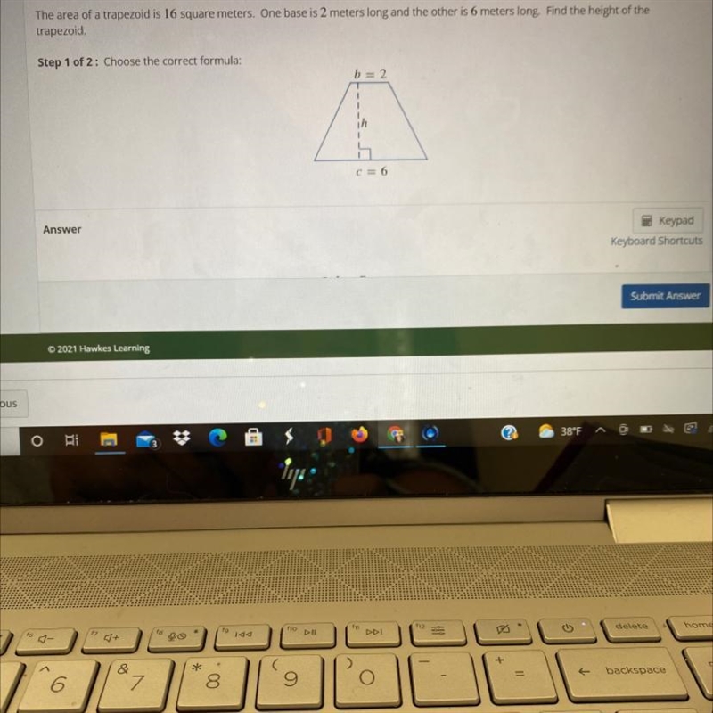 The area of a trapezoid is 16 square meters. One base is 2 meters long and the other-example-1