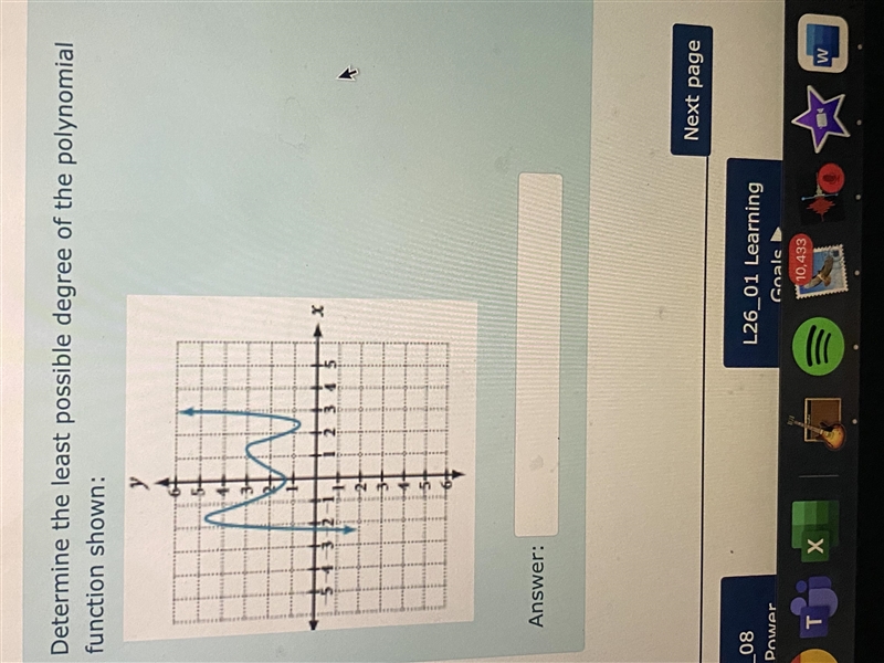 Determine the least possible degree of the polynomial function shown:positive cubic-example-1