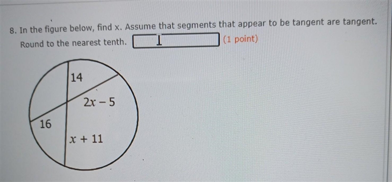 In the figure below, find x. Assume that segments that appear to be tangent are tangent-example-1