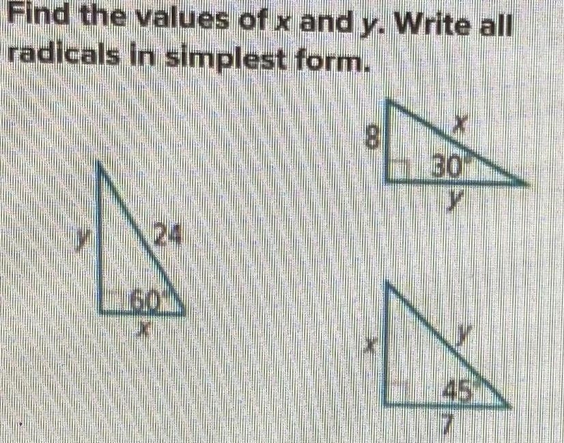 Find the values of x and y. Write all radicals in simplest form.-example-1