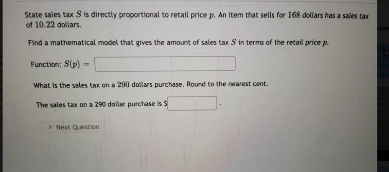 State sales tax S is directly proportional to retail price p. An item that sells for-example-1