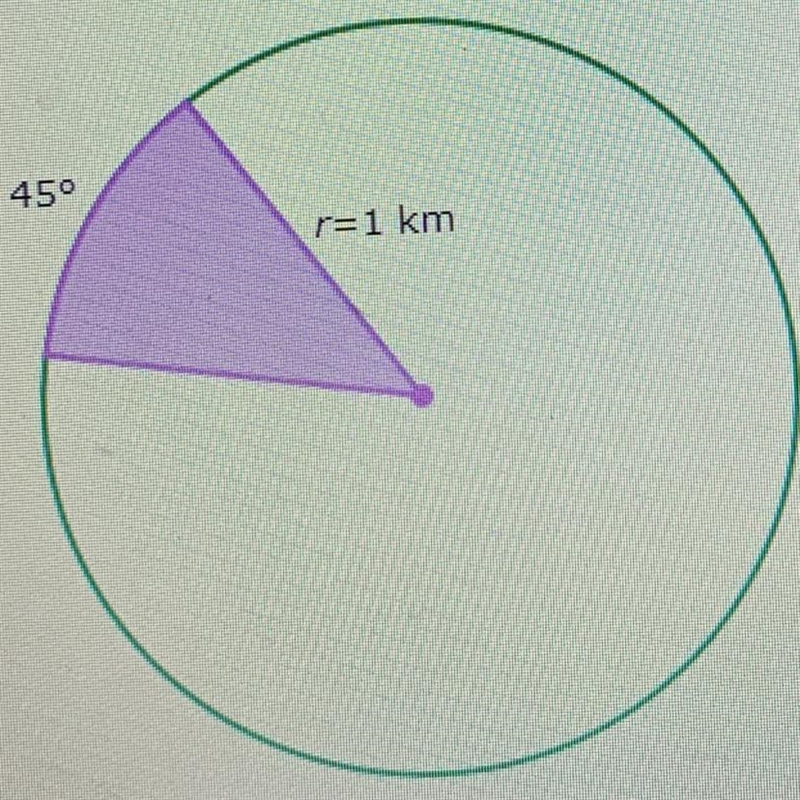 The radius of a circle is 1 kilometer. What is the area of a sector bounded by a 45 degree-example-1