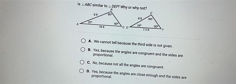 Is A ABC similar to 4 DEF? Why or why not?BE8956 ft9025°60°10 11CD24°751O A. We cannot-example-1