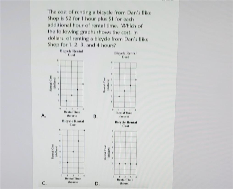 The cost of renting a bicycle from Dan's Bike Shop is $2 for 1 hour plus $1 for each-example-1