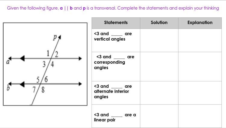 Given the following figure, a || b and p is a transversal. Complete the statements-example-1