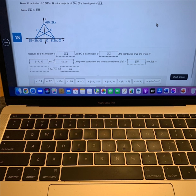 Write a coordinate proof: Given: Coordinates of triangle DEF, H is the midpoint of-example-1