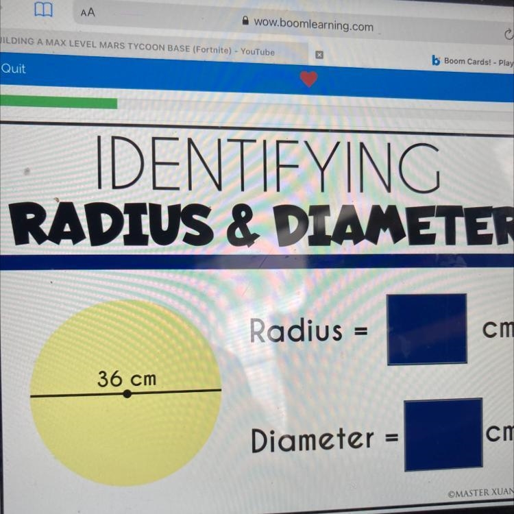 IDENTIFYING RADIUS & DIAMETER Radius = 36 cm Diameter =-example-1