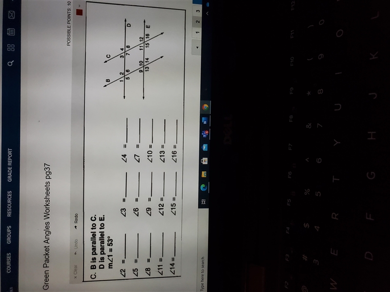 Green Packet Angles Worksheets pg37 POSSIBLE POINTS: 10 X Clear Undo Redo C. B is-example-2