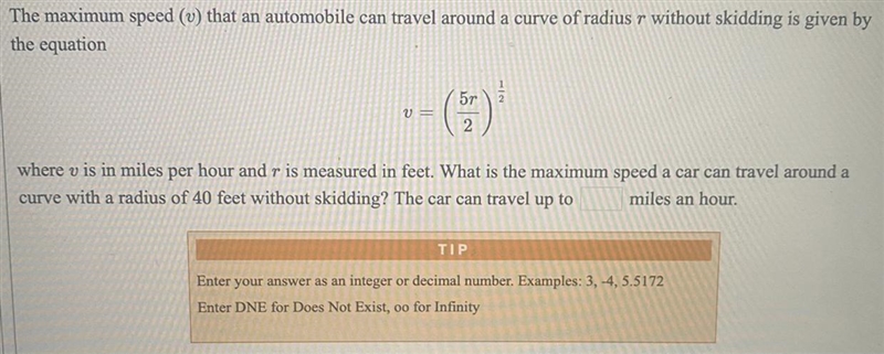 The maximum speed (v) that an automobile can travel around a curve of radius r without-example-1