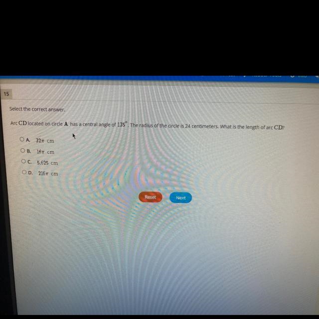 Arc cd located on circle a has a central angle of 135 the radius is the circle is-example-1