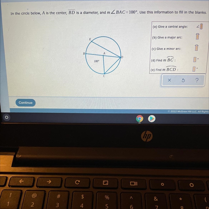 In the circle below, A is the center, BD Is a diameter, and m 4 BAC=100°. Use this-example-1