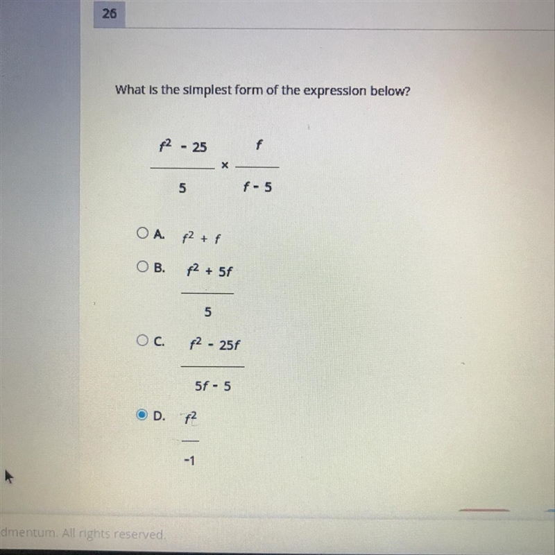 What is the simplest form of the expression below? f^2 - 25 f______ x ___ 5 f - 5-example-1