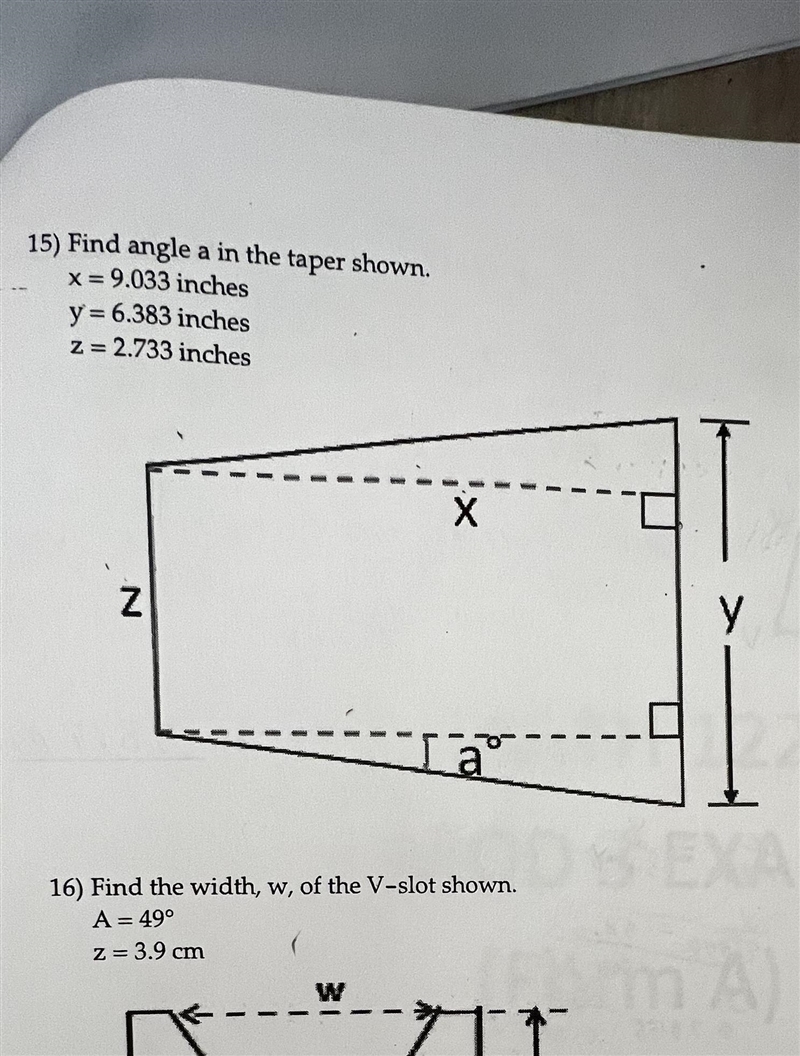 Find angle a in the taper shown.× = 9.033 inchesy= 6.383 inchesz= 2.733 inches-example-1