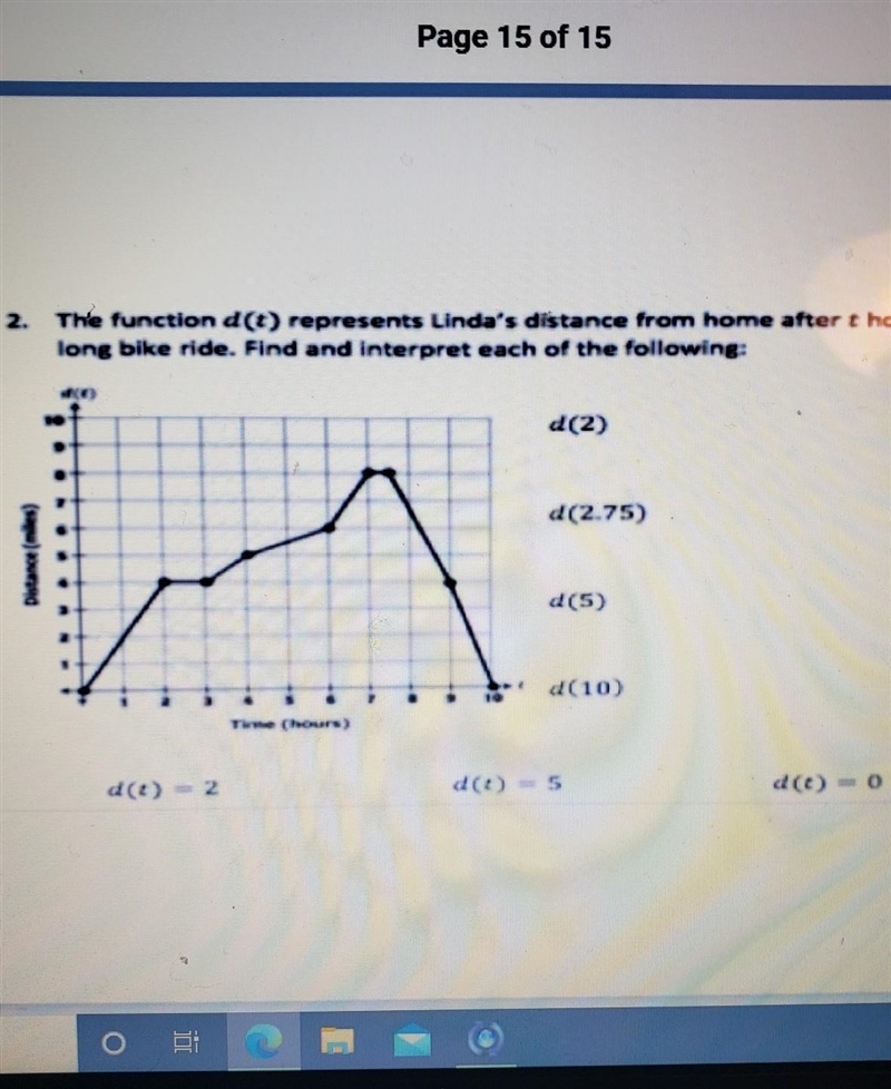 The function d(t) represents Linda's distance from home after t hours on a long bike-example-1