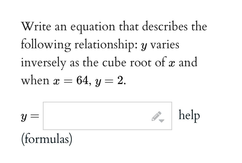 Write an equation that describes the following relationship: y varies inversely as-example-1