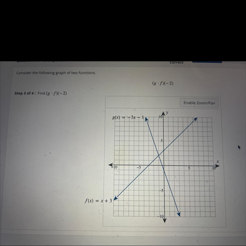 Consider the following graph of two functions.(8.9(-2)Step 3 of 4: Find (8 (-2)Enable-example-1