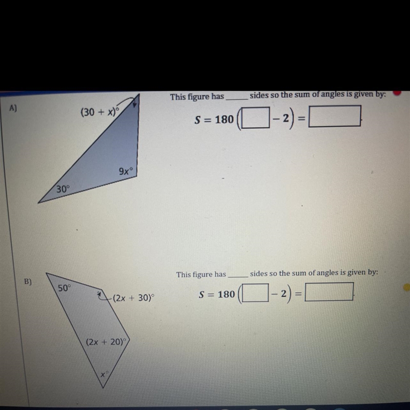 The sum S of the angle measures of a polygon with n sides can be found using the formula-example-1