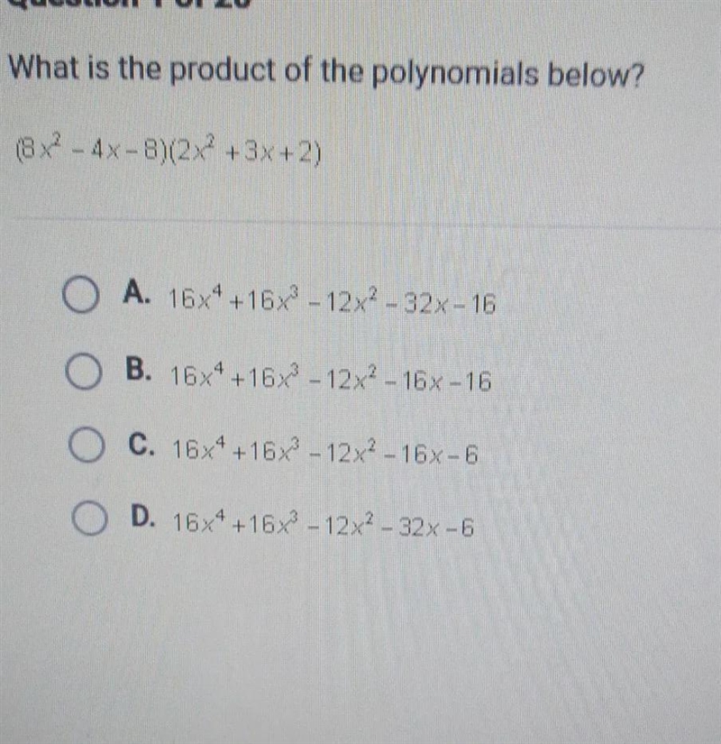 What is the product of the polynomials below? (8x2 - 4x-8)(2X2 +3x+2)-example-1