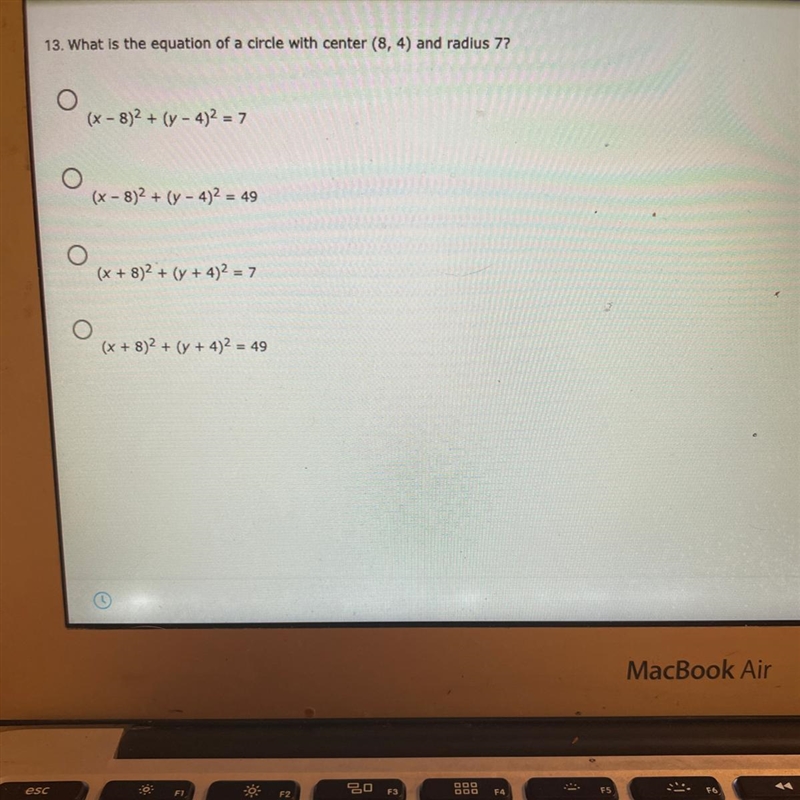 13. What is the equation of a circle with center (8,4) and radius 7?(x - 8)2 + (y-example-1