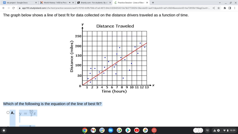 The graph below shows a line of best fit for data collected on the distance drivers-example-1