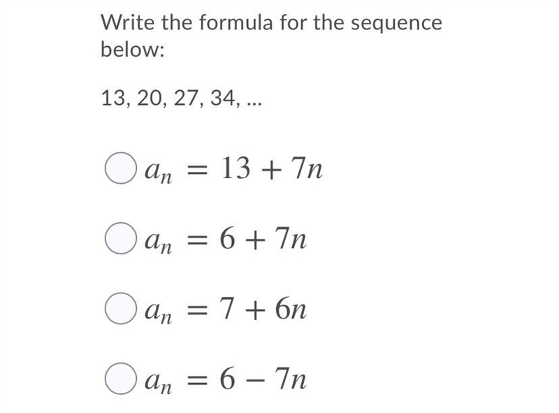 Write the formula for the sequence below: 13, 20, 27, 34, ...-example-1