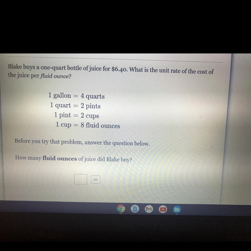 Blake buys a one-quart bottle of juice for $6.40. What is the unit rate of the cost-example-1