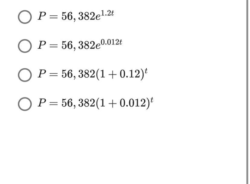 The population in Smalltown in 2010 was 56,382 people and is growing exponentially-example-1