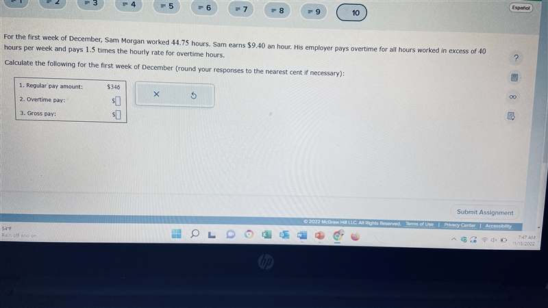 Calculate Sam’s regular pay amount overtime pay and gross pay for the first week of-example-1