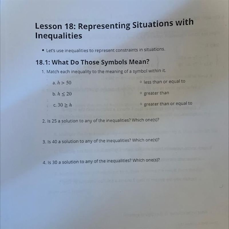 1. Match each inequality to the meaning of a symbol within it.a. h > 50o less than-example-1