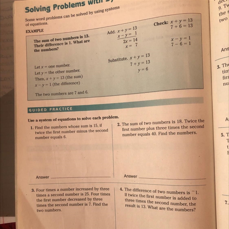 Find the numbers whose sum is 15, if twice the first number minus the second number-example-1