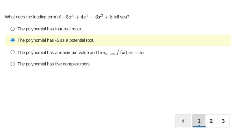 What does the leading term of −5x^4+4x^3−6x^2+8 tell you?-example-1