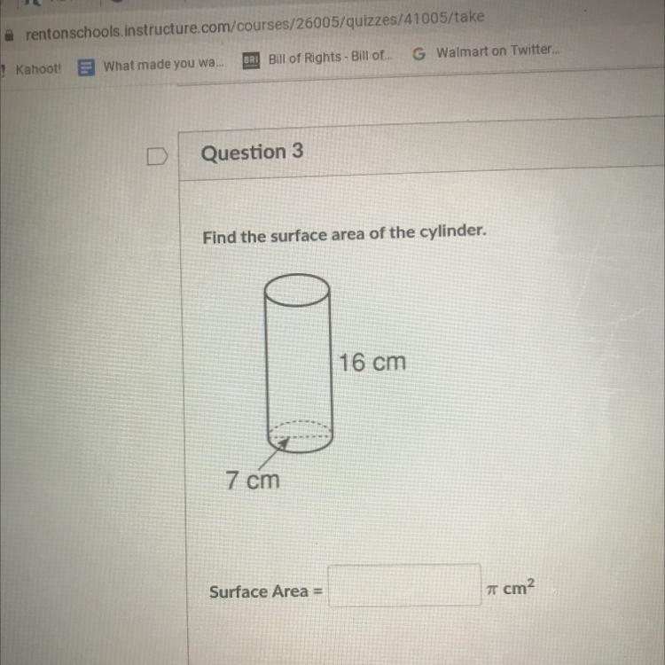 Find the surface area of the cylinder.16 cm7 cmSurface Area =7 cm2-example-1