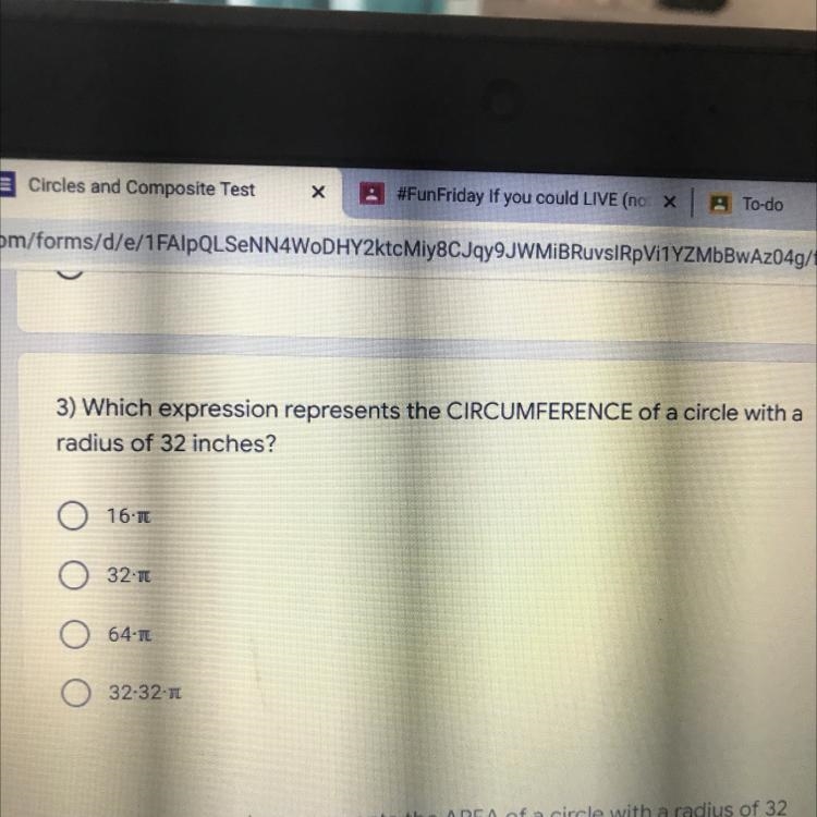 2po 3) Which expression represents the CIRCUMFERENCE of a circle with a radius of-example-1