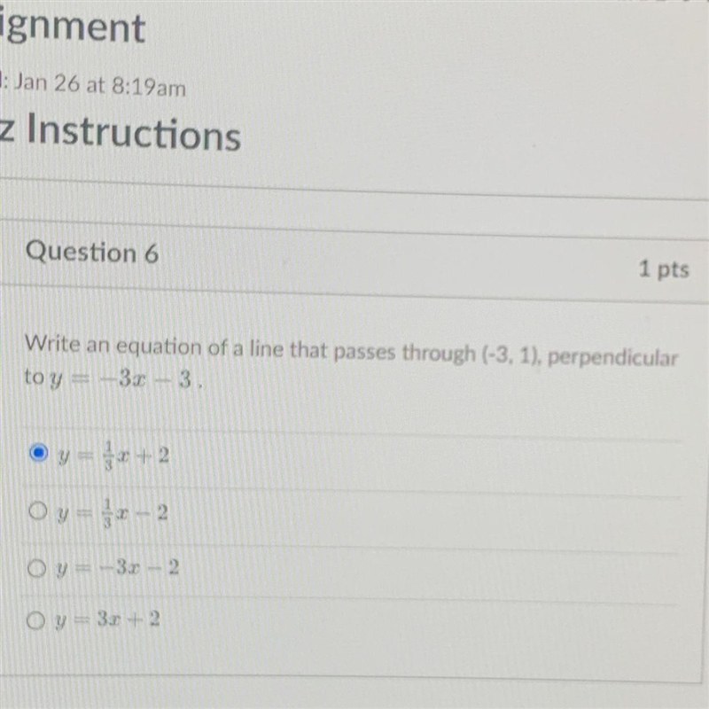 Write an equation of a line that passes through (-3,1), perpendicular to Y=-3x-3-example-1