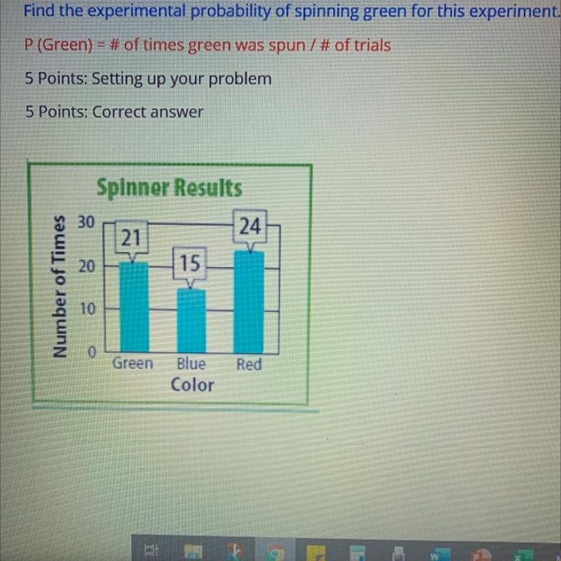 Find the experimental probability of spinning green for this experiment.P (Green) = # of-example-1