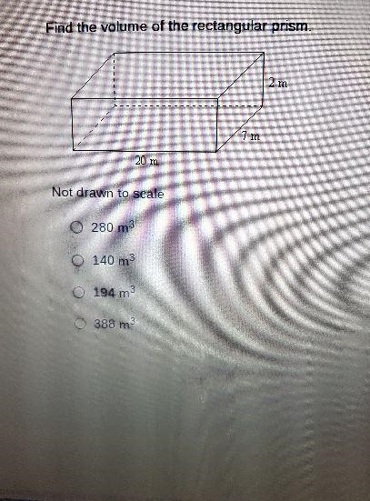 Find the volume of the rectangular prism. 1 12 1 E +++++++ 7 m 20 m Not drawn to scale-example-1