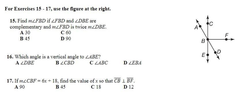 Number 15 please.Find m∠FBD if ∠FBD and ∠DBE are complementary and m∠FBD is twice-example-1