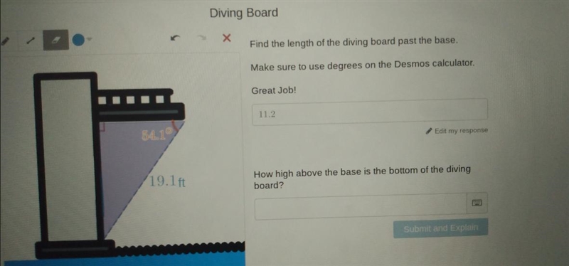 X Find the length of the diving board past the base. Make sure to use degrees on the-example-1