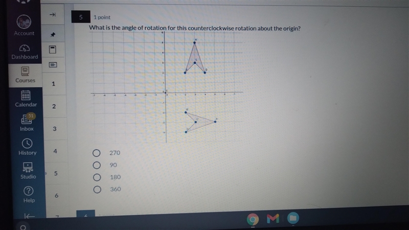 A → 5 1 point What is the angle of rotation for this counterclockwise rotation about-example-1