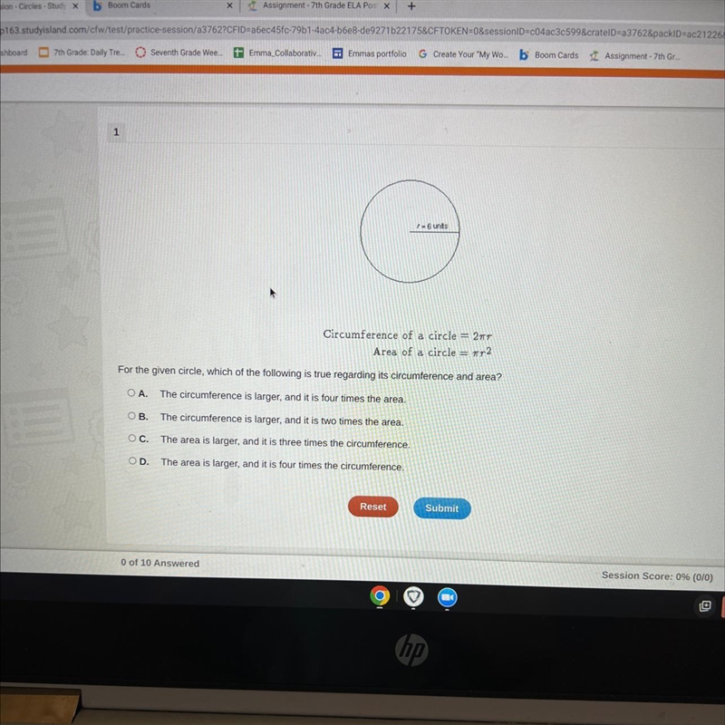 Circumference of a circle = 277 Area of a circle = 2 For the given circle, which of-example-1