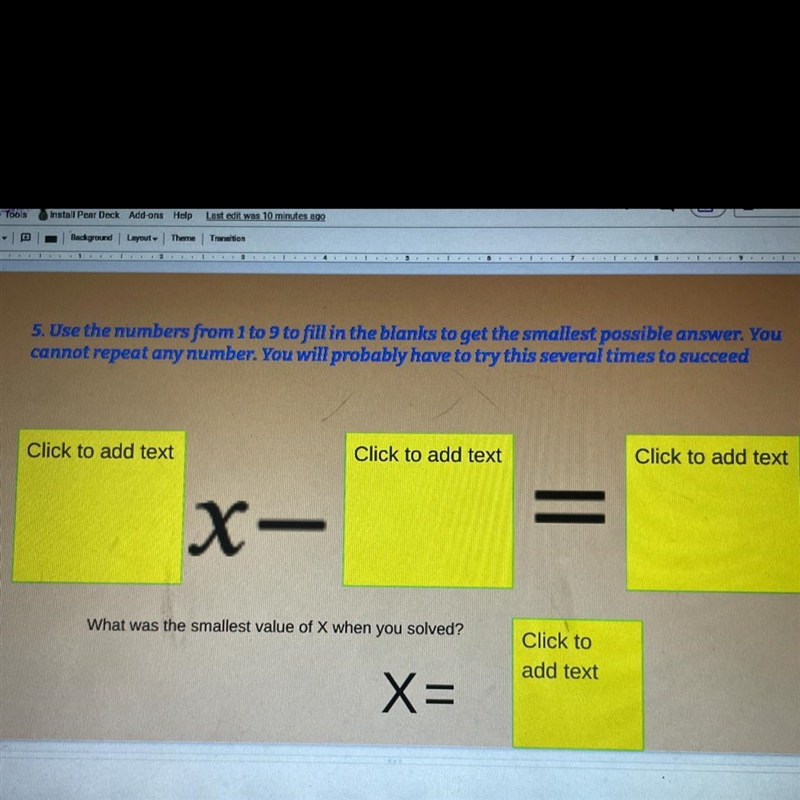 Use the numbers from 1 to 9 to fill in the blanks to get the smallest possible answer-example-1