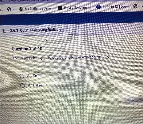 The expression V5x is equivalent to the expression xV5O A. True O B. False-example-1