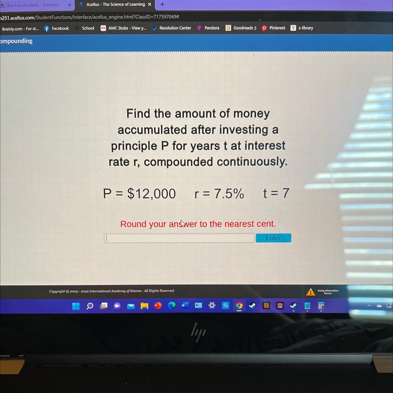 Find the amount of money accumulated after investing a principle P for years t at-example-1