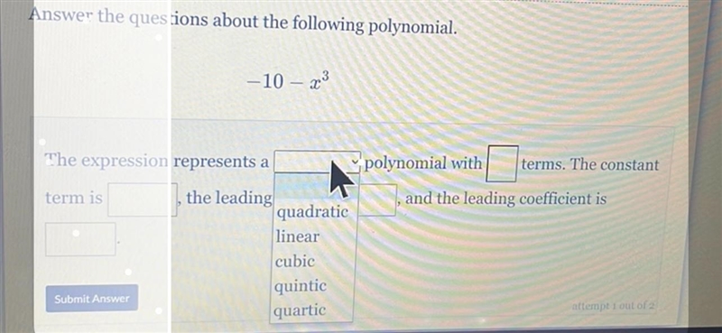 Answer the questions about the following polynomial.-10 – 23polynomial withterms. The-example-1