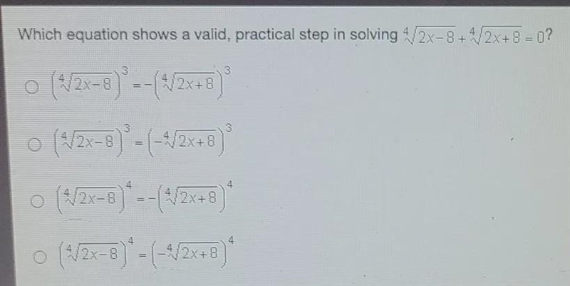 Which equation shows a valid , practical step solving 4sqrt 2x-8+ 4sqrt 2x+8=0 ?-example-1