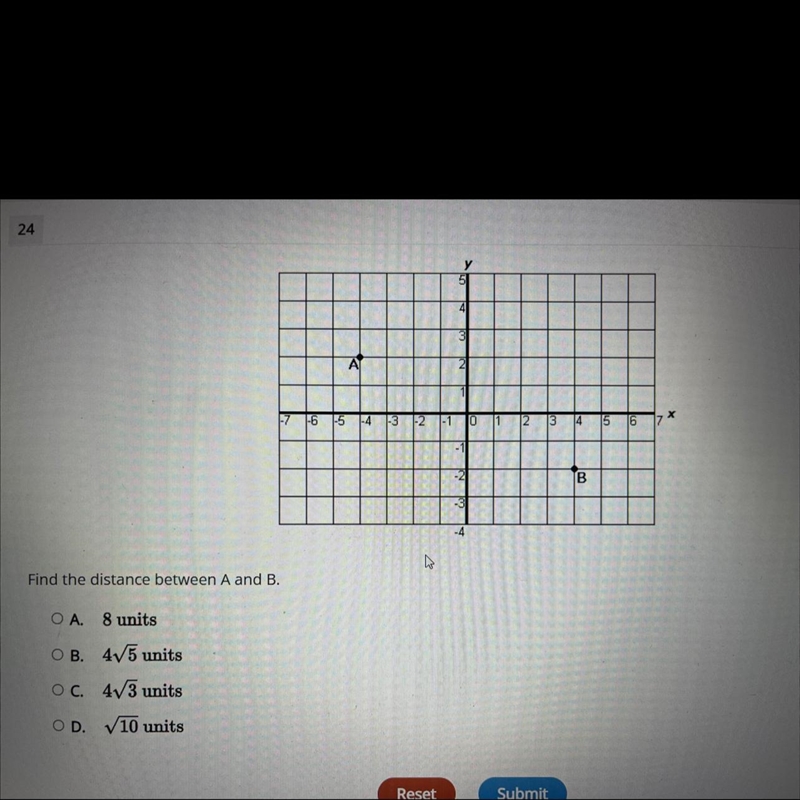 Find the distance between A and B.OA. 8 unitsOB. 4√5 unitsOC. 4√3 unitsOD. 10 units-example-1