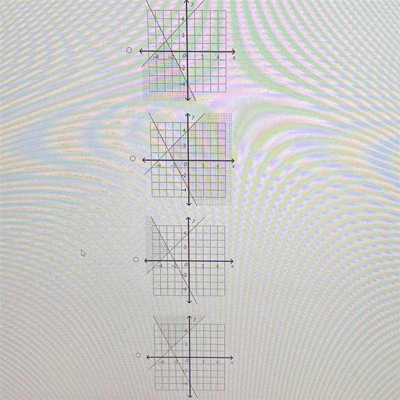 PLEASE HELP IM GOING TO FAIL 4. What is the graph of the system? (1 point) y≤x +4 2x-example-1