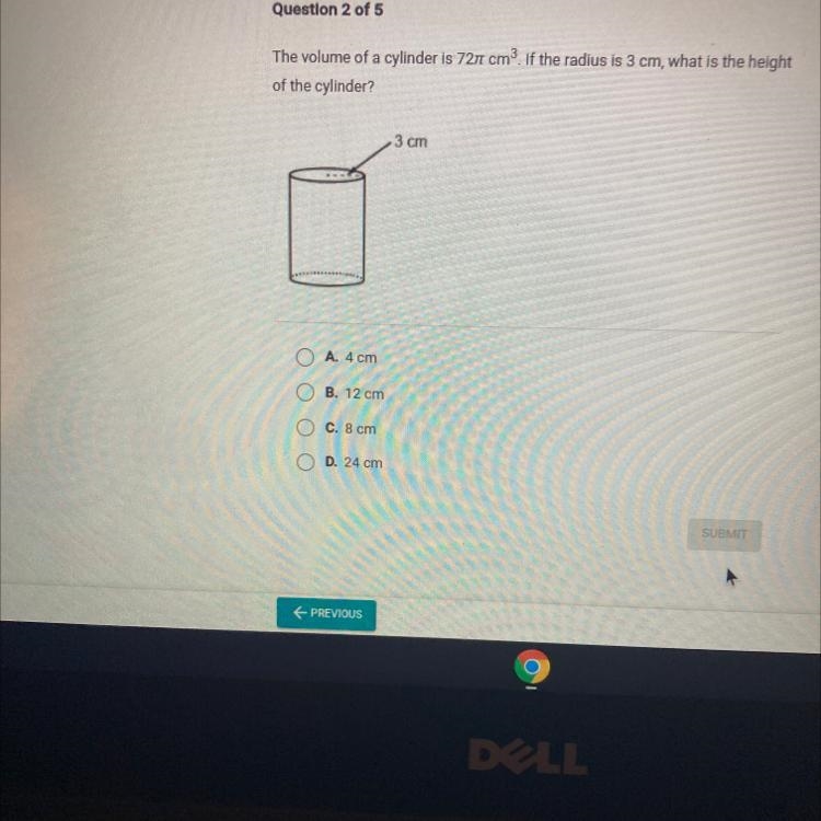 The volume of a cylinder is 7271 cm. If the radius is 3 cm, what is the height of-example-1